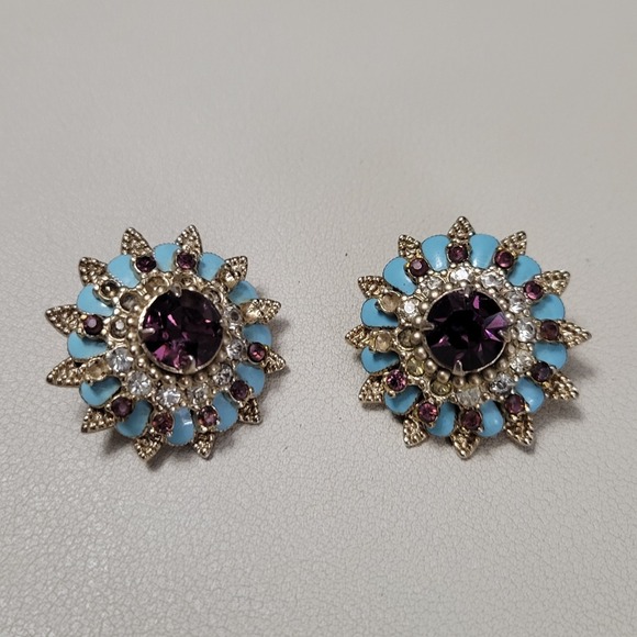 Coro Jewelry - Vintage CORO Signed Pair Gold & Purple Rhinestone Blue Enamel Scatter Pins AS IS